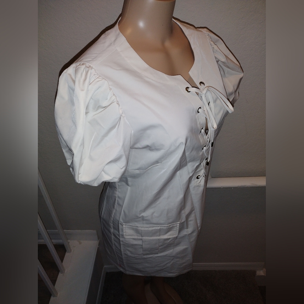 LDT Lace Up Split Round Neck Short Puff Sleeve Mini Dress - Picture 7 of 12